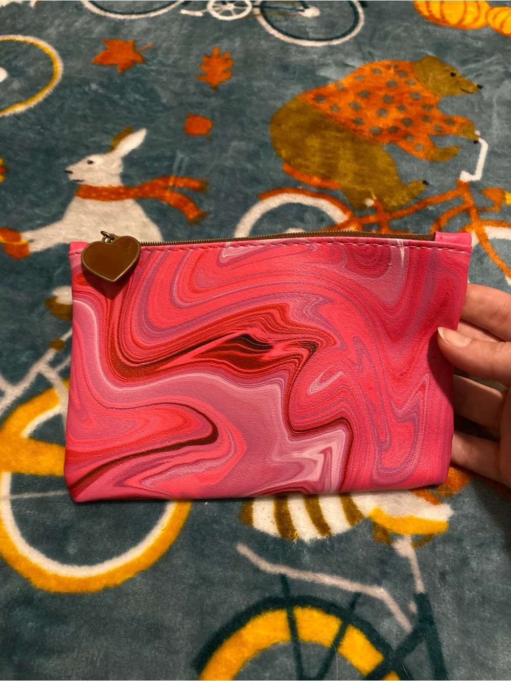 Pink Marble Swirl Ipsy Glam Bag Cosmetic Bag with Brown & Gold Heart Zipper Pull